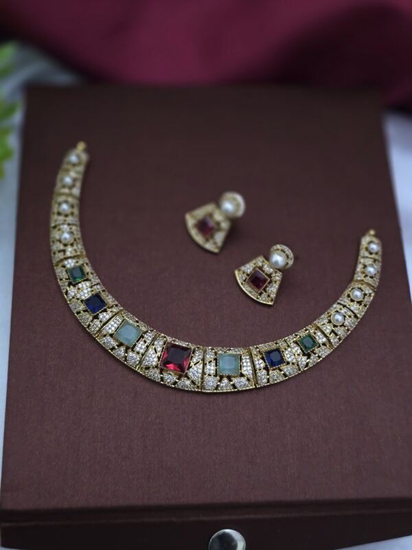 Premium gold look Navarathna hasli neckalce