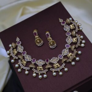 Premium ad diamond look elephant neckalce with stud comes pearls work