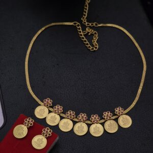 Premium gold look foaming ruby 7 coin necklace with stud