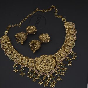 Premium MAT antique finish lakshmi necklace with jhumka 