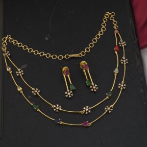 Premium matt navaratna ad stone double layer necklace with earing