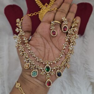  Premium matt double layer navaratna necklace with earings