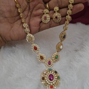 Premium matt navaratna necklace with earings