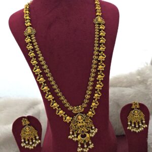 Premium antique finished double layered haram with stud real gold tone look