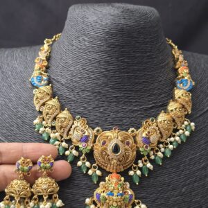 Premium foaming meenakari lakshmi necklace mandapam pattern