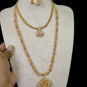 Premium quality antique combo comes lord vinayagar choker with ruby and white nakshi long haram with pendant