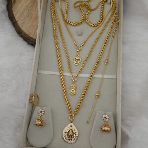 Premium impon lakshmi combo comes stone work including (28 inches dollar chain ,2 PC 18 inches dollar chain,1 jhumka ,1 ring ,1 bracelet,)