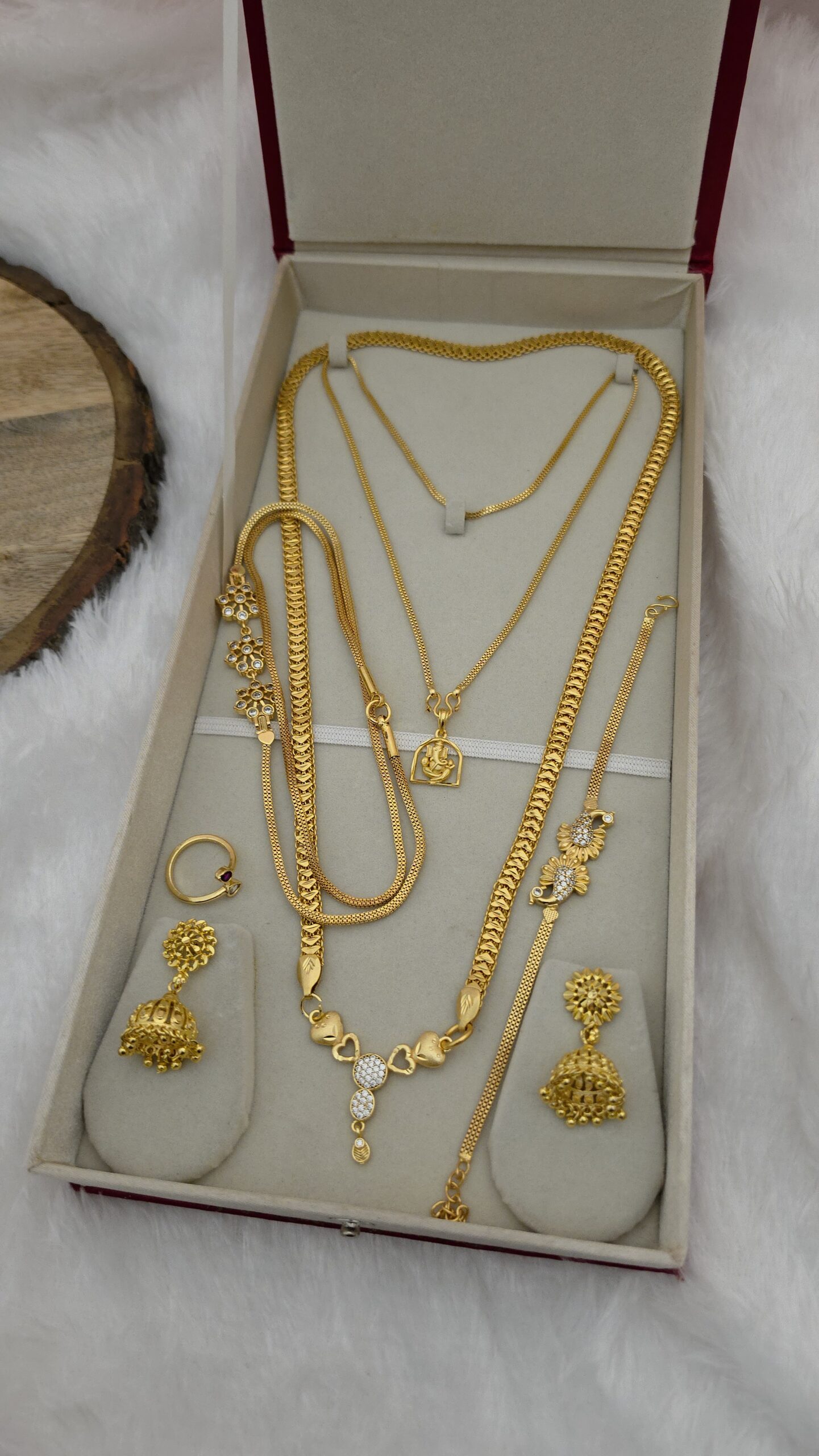 Premium foaming combo of 24 inch dollar chain, 18 dollar chain, mugappu chain, bracelet,jhumka,ring