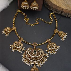 Premium matt kemp ad stone necklace with jhumka 