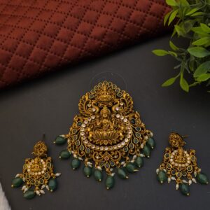  Premium Matt lakshmi locket with earing  green drops
