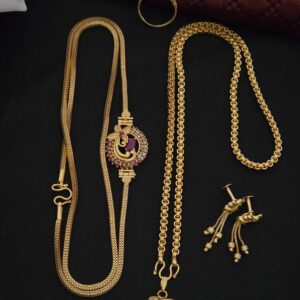 Premium foaming AD stone mugappu chain, 18inch dollar chain, chain drops earing, ring combo