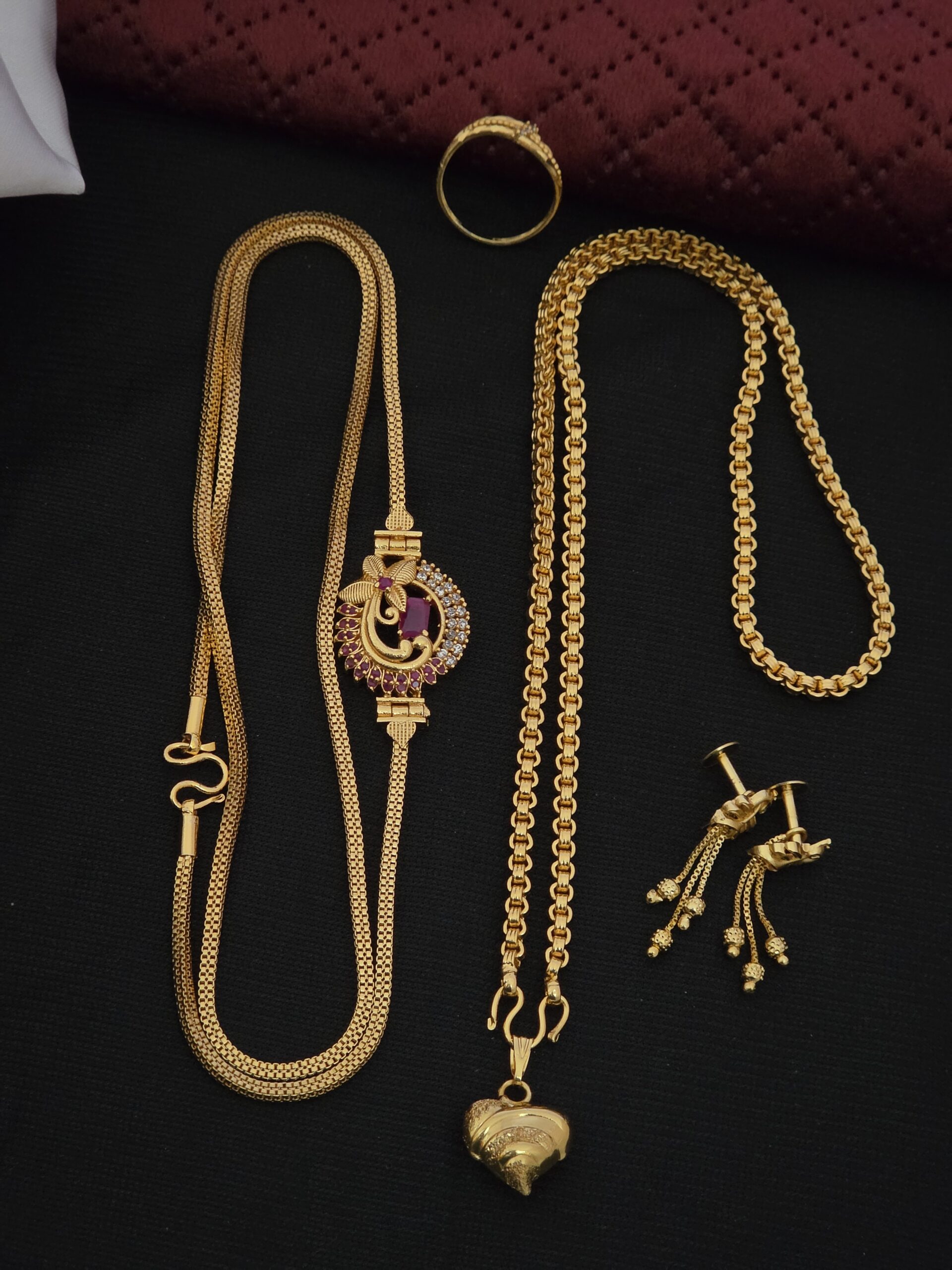 Premium foaming AD stone mugappu chain, 18inch dollar chain, chain drops earing, ring combo