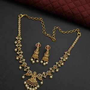 Premium Matt Lakshmi Emerald Stone Necklace With Stud
