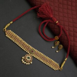 Premium Matt Finish Emerald Stone Necklace With Earings