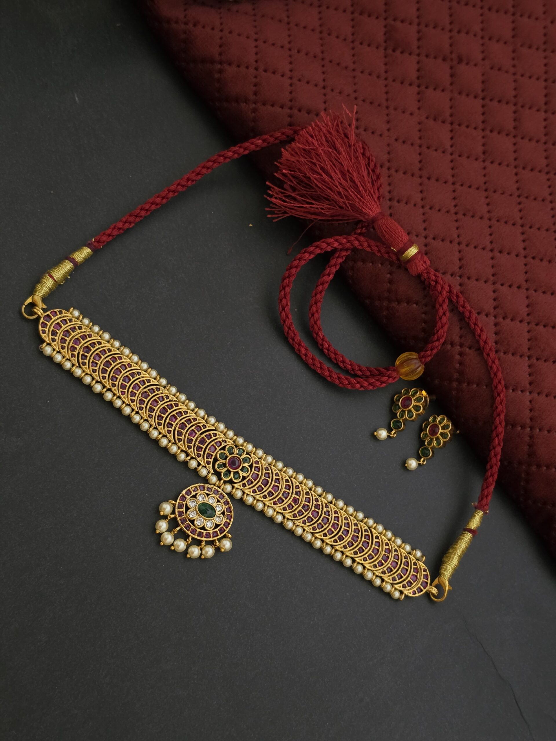 Premium Matt Finish Emerald Stone Necklace With Earings
