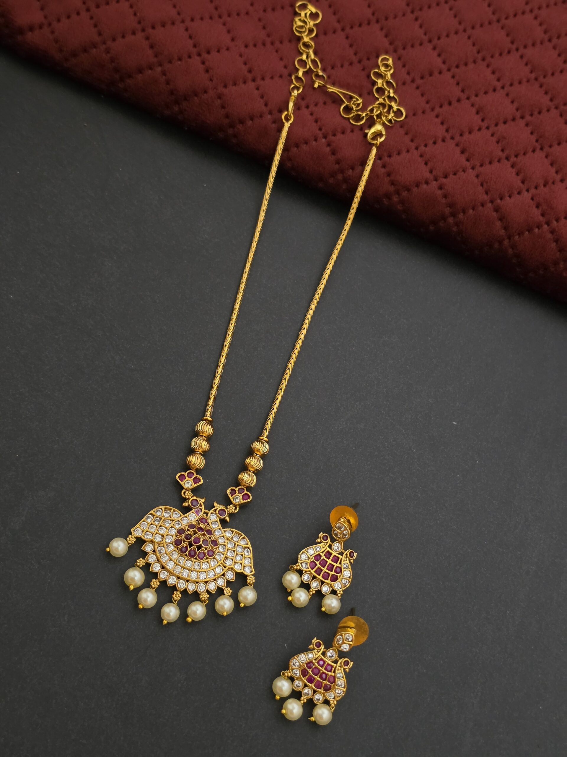 Premium Matt Finish Pearl Stone peacock Necklace With Earings